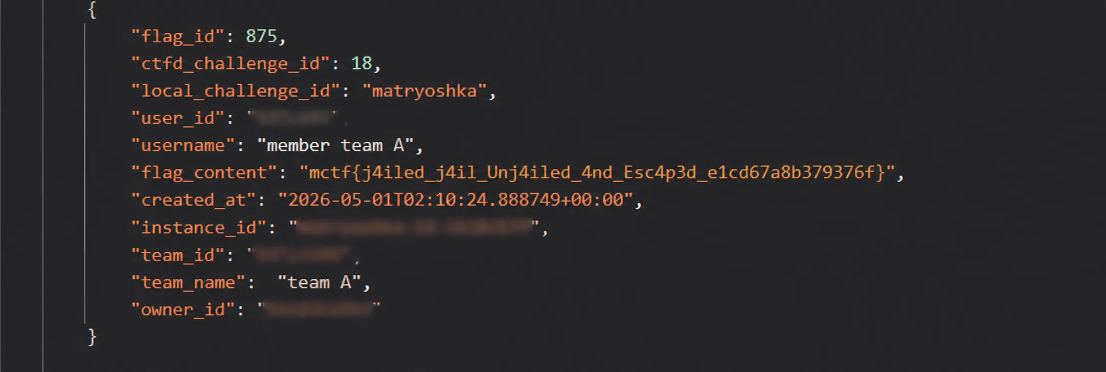CTFd record showing the flag content, username, team name and creation timestamp